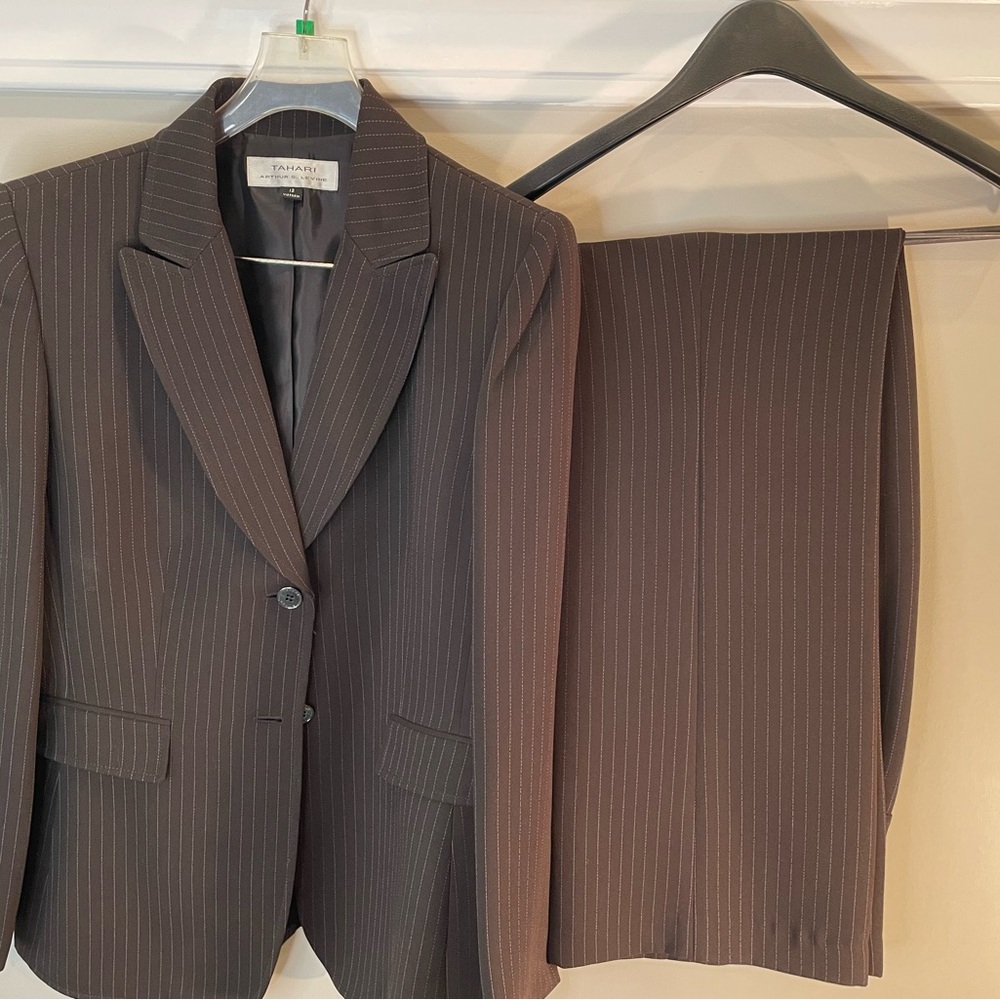 Tahari Brown Pantsuit with Subtle Pinstripes